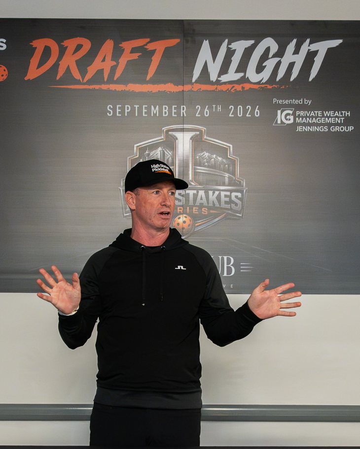 Dusty Lattery, founder of High Stakes Pickleball, speaking in front of the Draft Night banner on September 26, 2026.